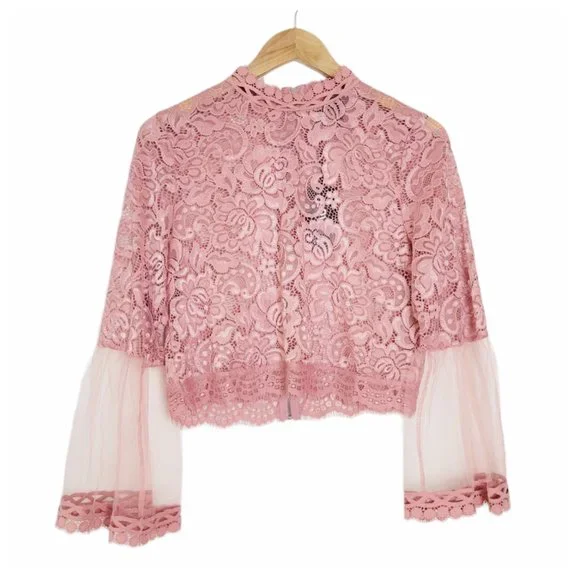 Love University Crop Top Blush Rose Sheer Lace Bell Sleeve Mock Neck Zip Back - Picture 1 of 12